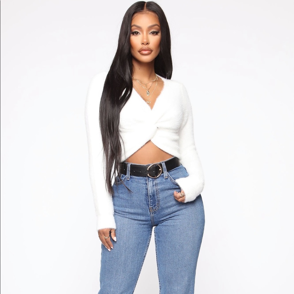 white fuzzy sweater